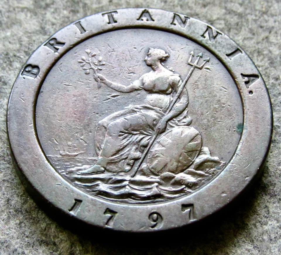GRAN BRETAÑA GEORGE III 1797 2 PENIQUES - RUEDA DE CARRO SENTADA BRITANNIA COBRE GRANDE Foto 3 de 4