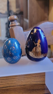 Vintage Hand Painted Porcelain Easter Eggs Set Of 2 Blue Gold Gilt Taiwan 1988