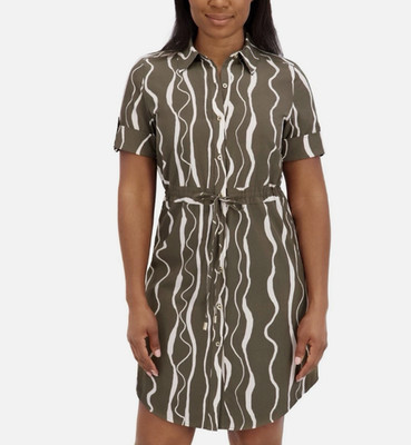 Halston Heritage Green White Abstract Shirt Dress M Short Sleeve