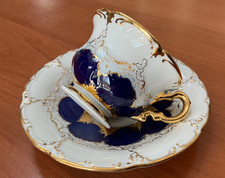 Meissen Porzellan Mokkagedeck B-Form, kobaldblau, Gold, 2tlg.