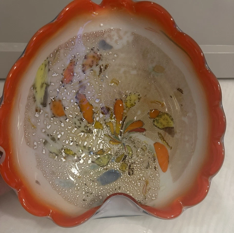 Cuenco vintage de vidrio de Murano con hojas de vidrio - rosa magenta/rojo/naranja y múltiple Foto 2 de 4