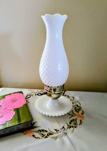 Vintage White Milk Glass Hobnail Electric Hurricane Lamp 13"