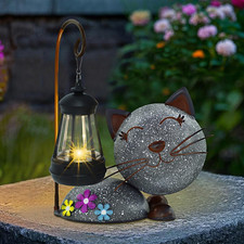Solar Garden Statue Cat Figurine with Lantern Outdoor Metal Kitten Whimsical Law