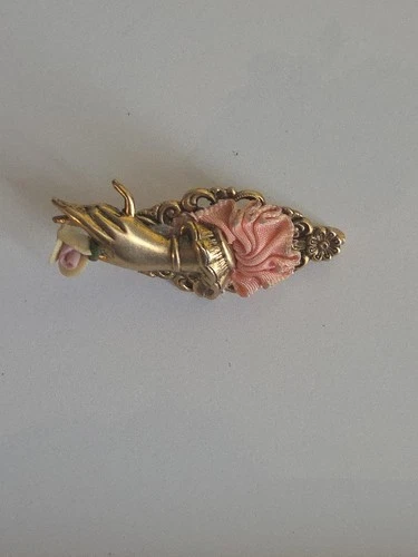 vintage victorian style hand holding flower brooch, Costume Jewelry!