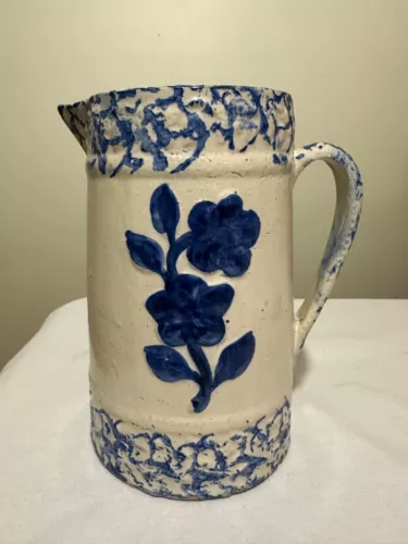 Antique 19th C. Primitive Country Blue & White Rose Stoneware Spongeware Pitcher