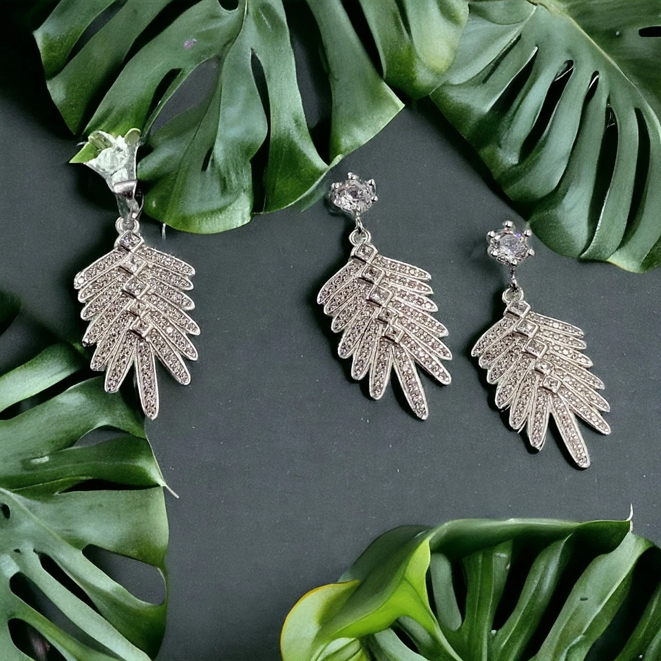 Conjunto de joyas de plata 925 brillante circonita cúbica pluma pendientes colgantes conjunto regalo Foto 4 de 4