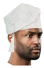 White Embroidered African Hand woven Aso Oke Hat with tassels