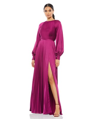 Ieena for Mac Duggal 26590 Long Sleeve Pleated High Neck Gown in Berry NWT!