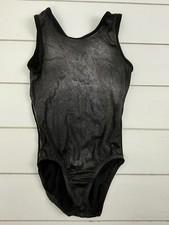GK ELITE CM Child Medium Black Silver Print Foil Leotard Gymnastics Dance