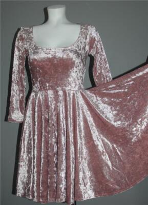 VTG LuLu's Dusty Pink Rose Crushed Velvet Scoop Neck Fit & Wide Flare Dress Wm S