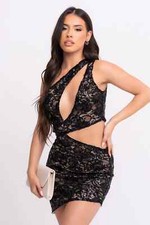 Black Criss Cross Floral Lace Sequin Embellished Cut Out Mini Dress