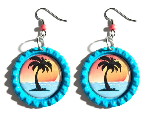 Fun Beach Sunset Bottle Cap Pierced or Clip on Dangle Earrings (CAP010) - Picture 2 of 3