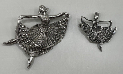 Vintage Lot of 2 Dancing TipToe Ballerina Marcasite Brooch Pin Sterling Silver