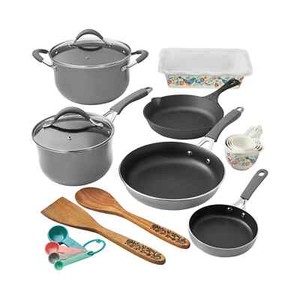 Pioneer Woman Cookware Set 19pcs Mazie Baker Measuring Cup Spoons Skillets Grey