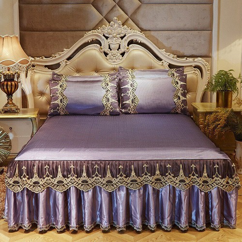 Summer Ice Silk 3pc Lace Bed Skirt European Non-slip Bed cover Soft Sleeping Mat - Picture 6 of 19