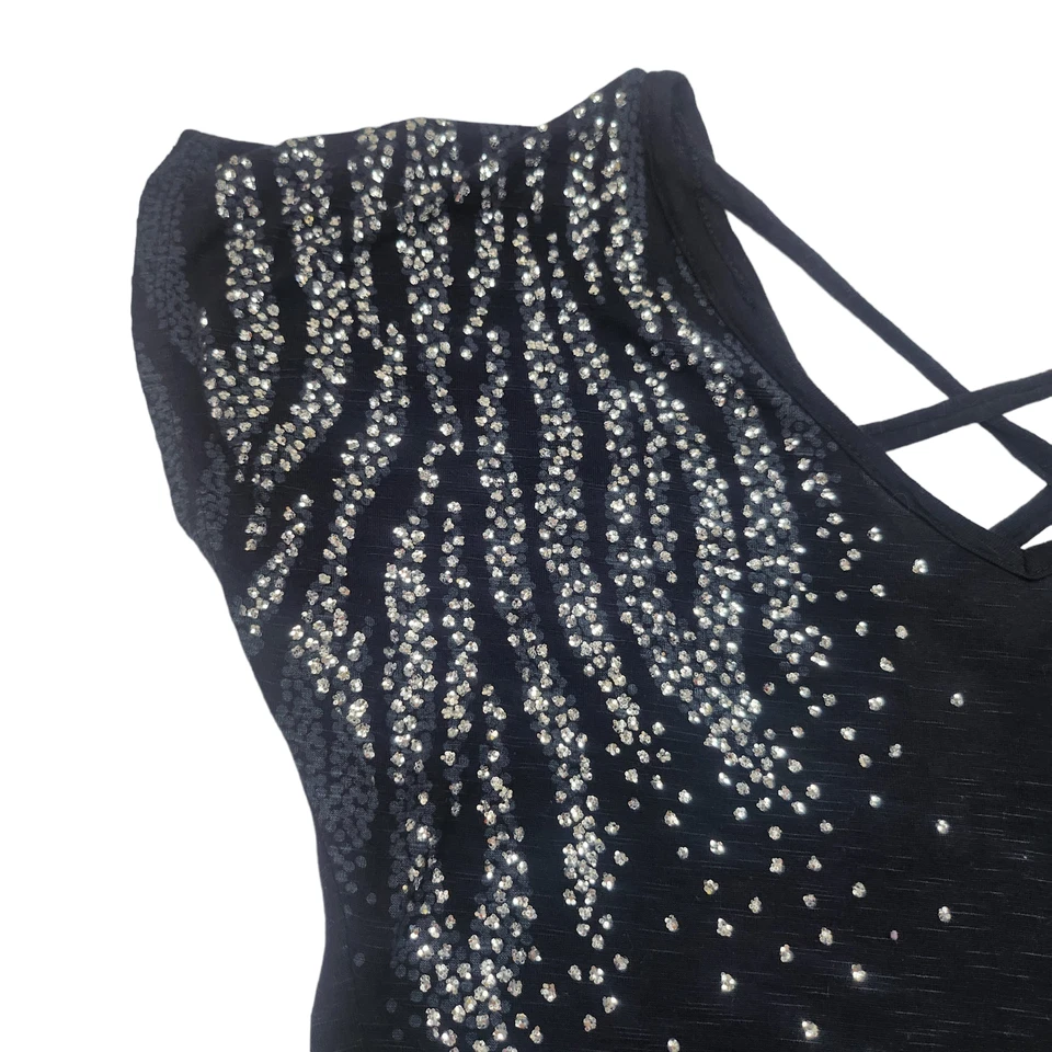Camisa Negra Plateada Brillante Para Mujer XS Y2k Adornada Cebra Burnout Entrecruzada Foto 3 de 4