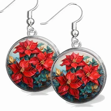 Poinsettia Christmas Flowers .925 Sterling 20mm Dangle Earrings Holiday Jewelry