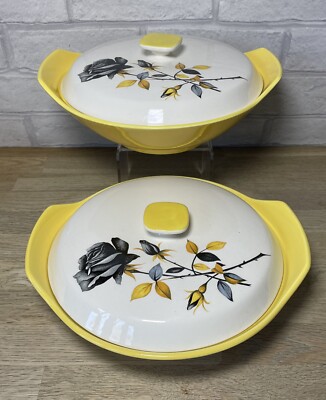 Vintage Palissy Black Prince Terrine mit Deckel X2 gelb schwarz Rose Design siehe Bilder