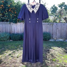 Vintage 1990s I. MAGNIN Navy Blue White Lace Pleated Palazzo Leg Jumpsuit sz 12