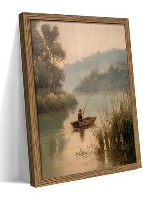 Wood Framed Vintage Fishing Wall Art, Small Country Fisherman Landscape Canva...