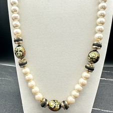Vintage Gold Tone Faux Pearl Cloisonne Necklace Floral Enamel Beaded Strand Boho