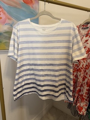 Kim Rogers Women's Striped Blue White Tropical Soft Tee Shirt Blouse Size XL