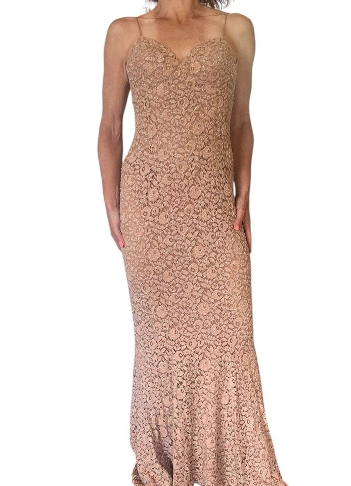 VTG. CARMEN MARC VALVO GOWN BEADED LACE MERMAID SWEETHEART NUDE BLUSH COCKTAIL 6 - Image 3 of 4
