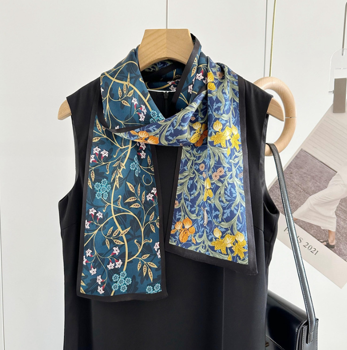 100% Mulberry Silk Scarf 150x16cm Orange Floral Print Womens Wrap Neckerchief