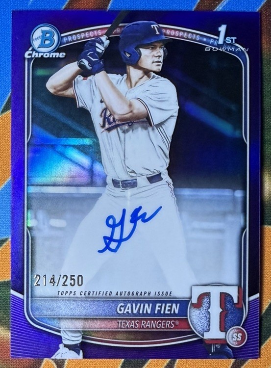 Gavin Fien 2025 Bowman Draft Chrome 1st True Purple /250 AUTO Rangers Prospect
