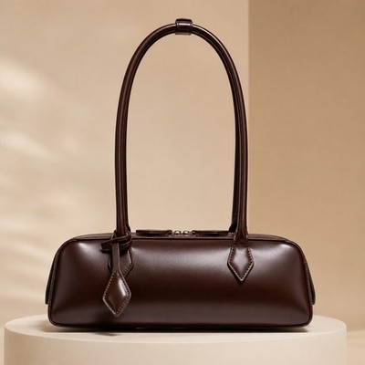 TRENDY East-West Shoulder Bag Brown Minimalist Long Handle Handbag