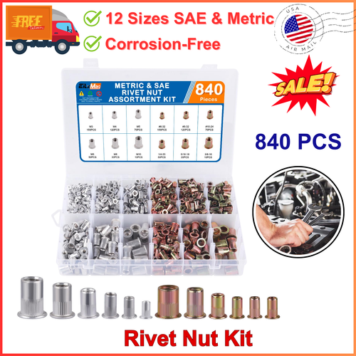 840PCS Rivet Nut Kit SAE Metric Rivet Nutsert Assortment, M3-M10, 6-32 ...