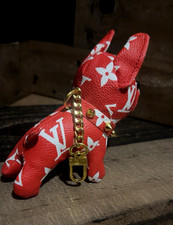 Luxury Designer Leather Monogram Bulldog Red and White Keychain