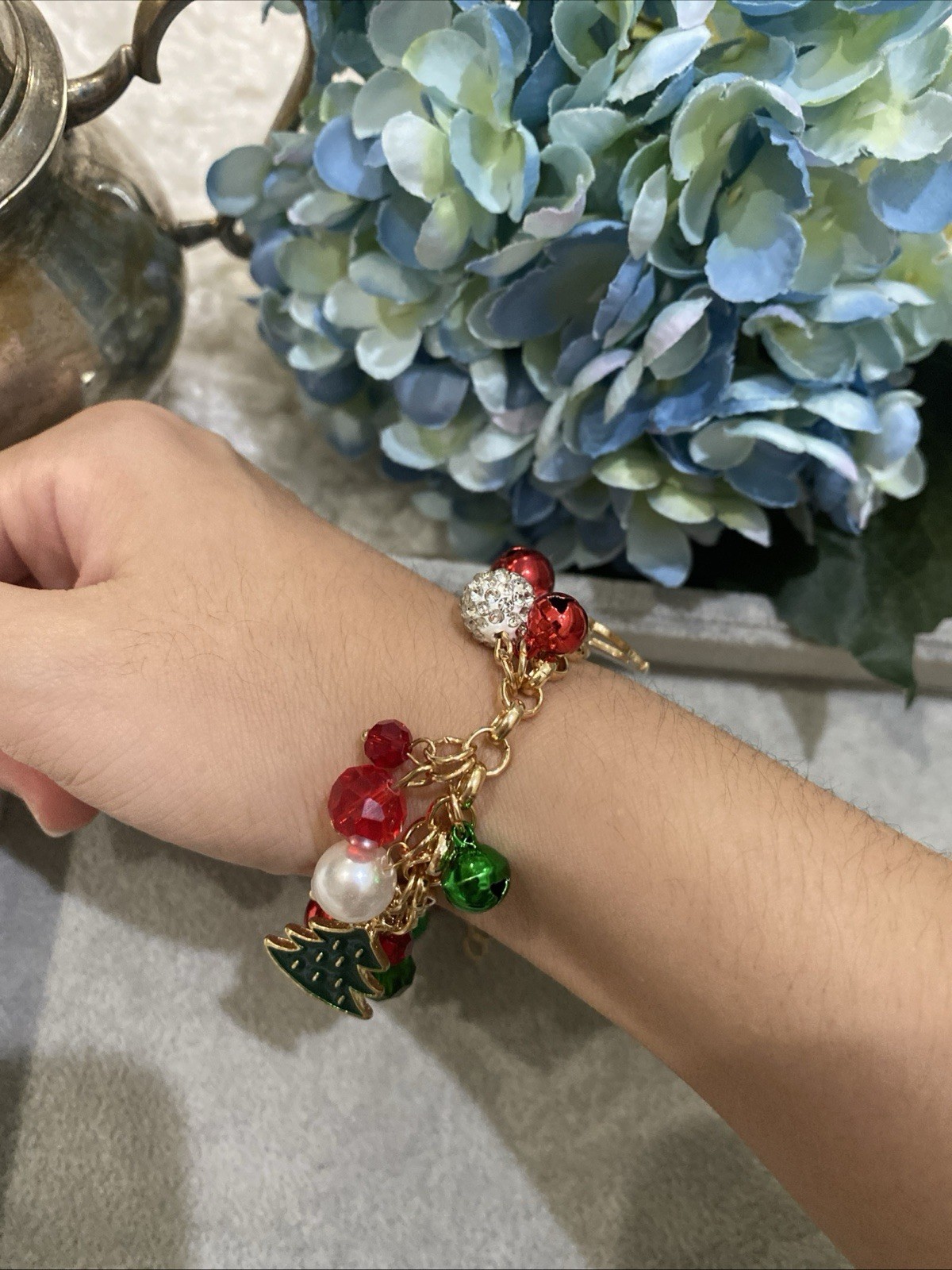 Christmas Charm Bracelet Red Green Gold Jingle Bells Holiday Jewelry