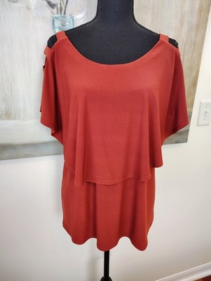 Coco Bianco Women's Large Blouse Flutter Sleeve Overlay Burnt Orange Rust Color