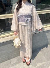 Two-Piece Japan Yukata 4pc Set Ivory Floral Embroidered Tulle Dress Obi Bow New