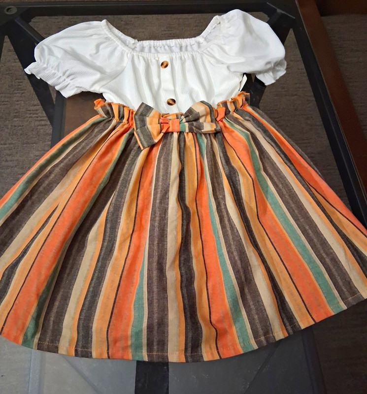 SheIn Girls Size 5 Puff Sleeve Square Neck Striped Bow Button Knee Dress