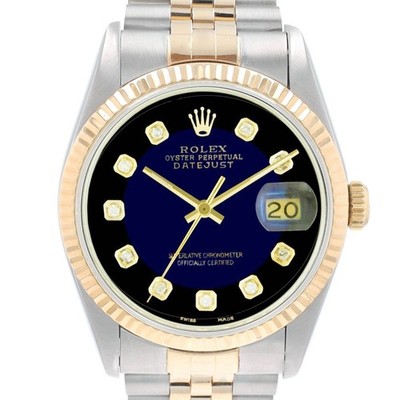 Rolex Datejust 16233 Mens TwoTone Watch Blue Vignette Diamond Dial Flted Jubilee