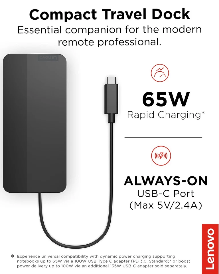 Base de Viaje Lenovo USB-C Doble Pantalla - 7 Puertos Integrado USB-C Cable Univer... Foto 2 de 4