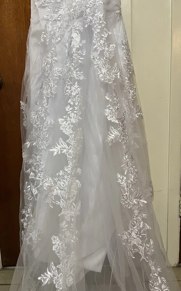 White Lace Wedding Dress with Spaghetti Straps and Floral Embroidery - Image 2 of 4