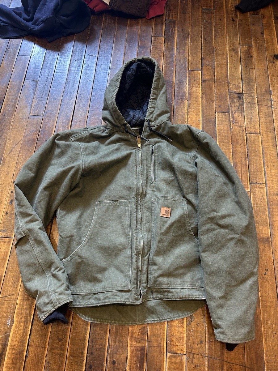VTG Carhartt Hooded Jacket Mens (M) J130 MOS Green Faded Y2K