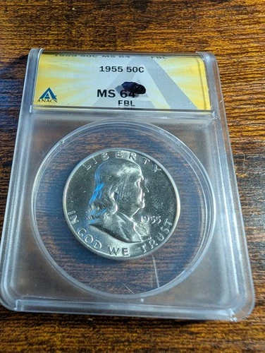 1955 ANACS MS 64 FBL Franklin Silver Half Dollar, Key Date, Full Bell Line Coin