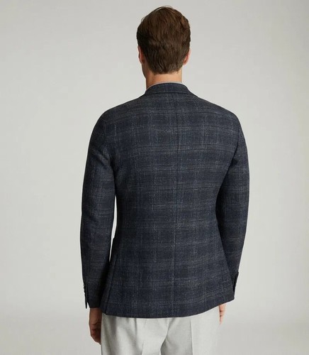 Reiss Chay Checked Slim Fit Blazer Men Jacket Blue Size 40 Wool Blend Sport Coat - Picture 13 of 24