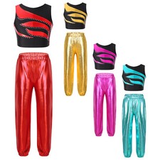 Kids Girls 2Pcs Dance Costumes Sports Crop Top With Pants Breathable Shiny Soft