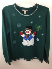 White Stag Ladies Holiday Sweater Sz M Snowman Green White Silver Trim