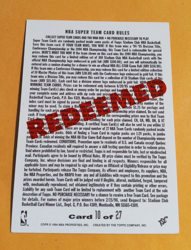 Houston Rockets 1994-95 Topps Stadium Club Superteam Card #10 - Redeemed - Picture 2 of 2