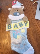 Christmas Stocking Baby  s First Christmas Blue Reindeer Sleigh Ships N 24h