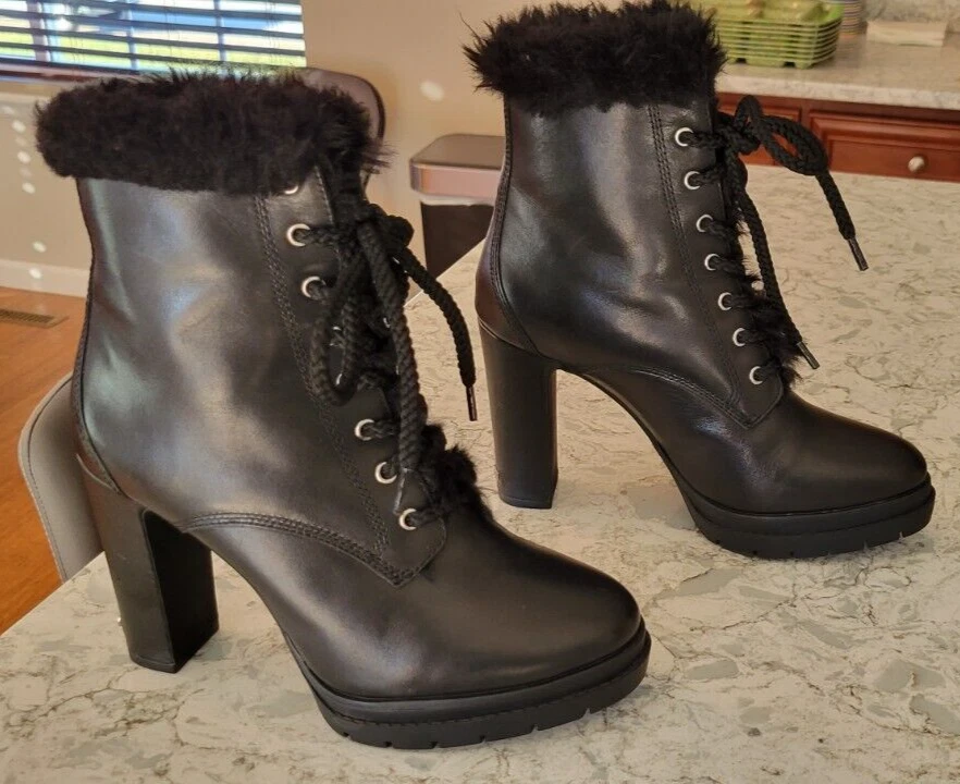 Botas para mujer DKNY de cuero negro con cordones cremallera piel de combate Tim talla 8,5 39 tacones Foto 3 de 4