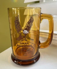 Vintage Oman Beverage Co. New York Mills MN Amber Glass Mug Beer Stein Bar 70s