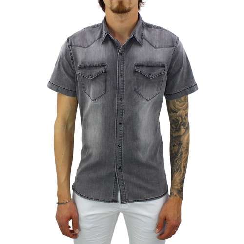 Camicia di Jeans Uomo Manica Corta Slim Fit Nera Casual Classica Denim |  eBay