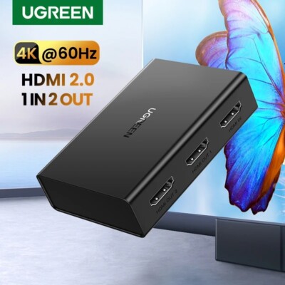 UGREEN 4K HDMI Splitter 1x2 Adapter, Dual Monitors, 3D HDR, Black